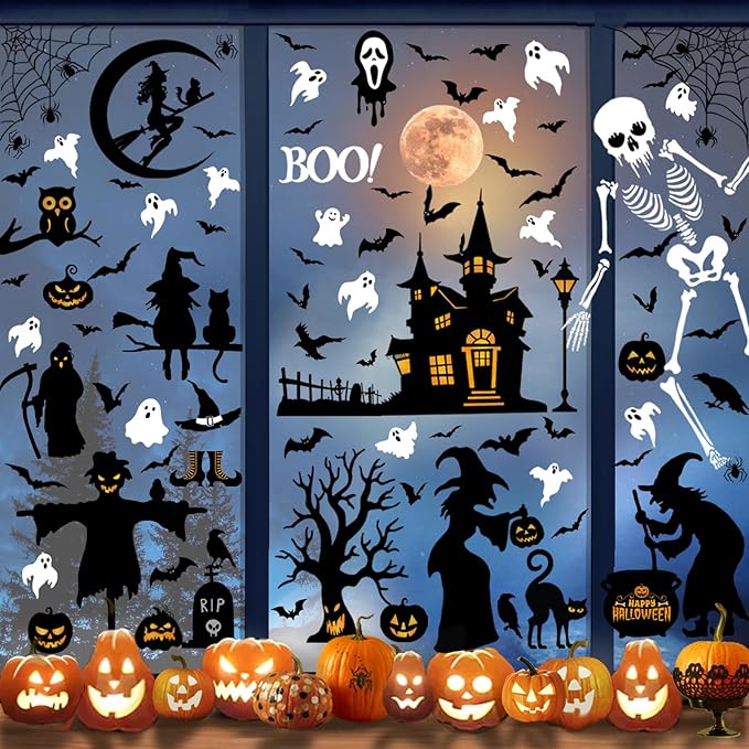 150 Pcs Halloween Window Clings Halloween Decor Indoor Bats Window Decoration | Large-Size Double-Side Witches Skeletons Windo Stickers Clings Hallowee Party Decoration Reusable & Removable