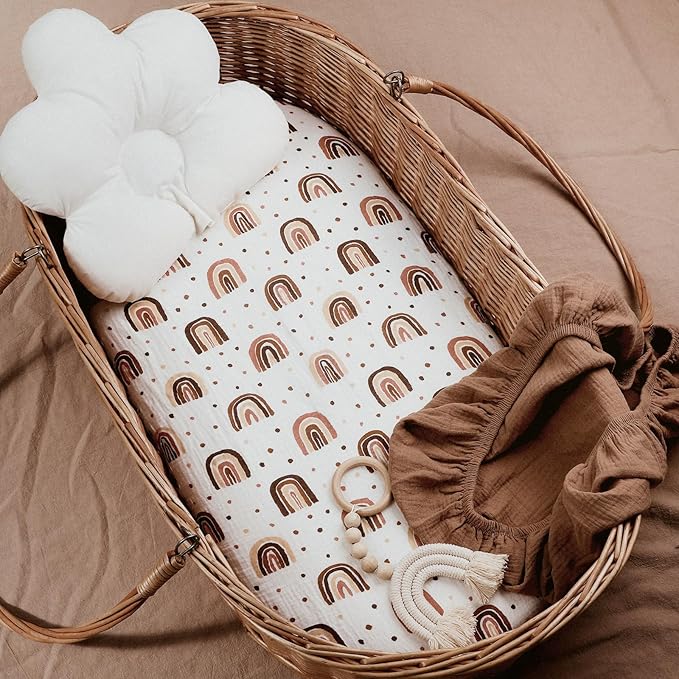 Muslin Bassinet Fitted Sheets, 2 Pack for Baby Boy and Girl, Soft Breathable Stretchy Baby Pad/Mattress Sheet Set, Universal Fit for Hourglass Oval and Rectangle Bassinet Mattress (Cute Rainbow)