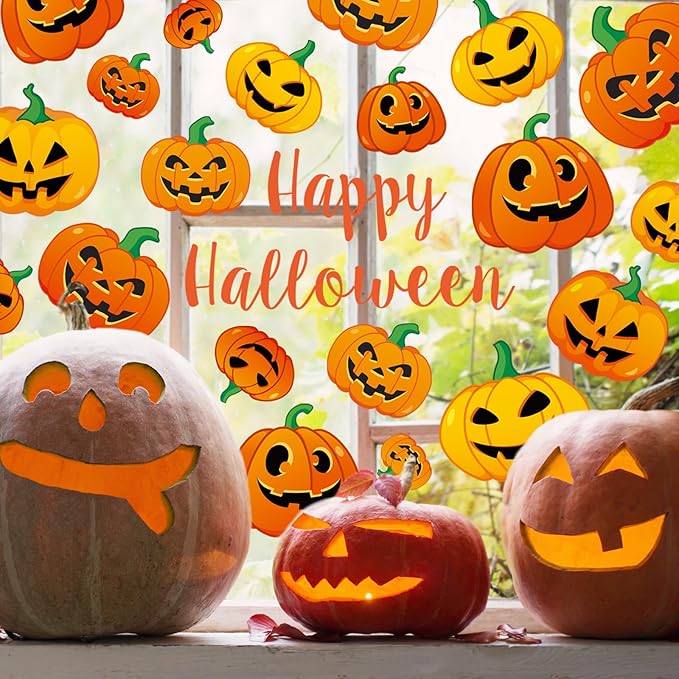 AnyDesign 9 Sheet Halloween Pumpkin Window Clings Funny Pumpkin Expressions Double-Sided Window Stickers Decorative Window Decals Reusable for Halloween Home School Office Accessories Party Supplies