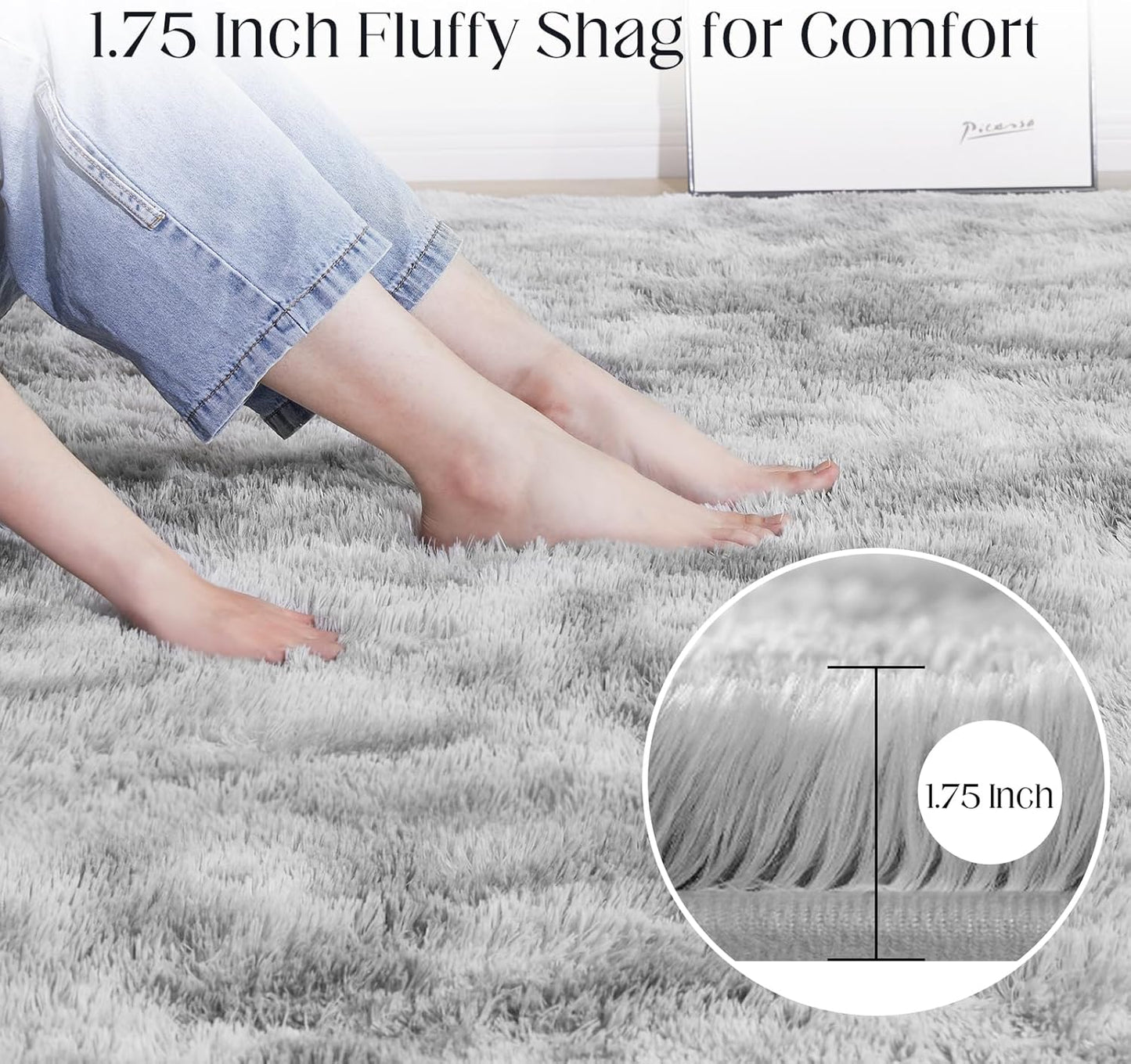 Fluffy Shag Area Rug, 4x6 Tie-Dyed Light Grey Rugs for Bedroom, Soft Plush Area Rugs for Living Room, Non-Slip Indoor Carpet for Nursery, Study Room, Dressing Room, Home Decor