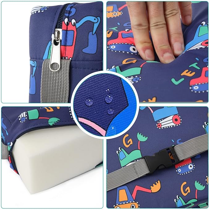 Zicac Portable Toddler Booster Seat for Dining Table, Safer Non-Slip Kids Booster Seat with Double Adjustable Straps, Washable Detachable Strong Support Increasing Cushion for Child (Blue Excavator)