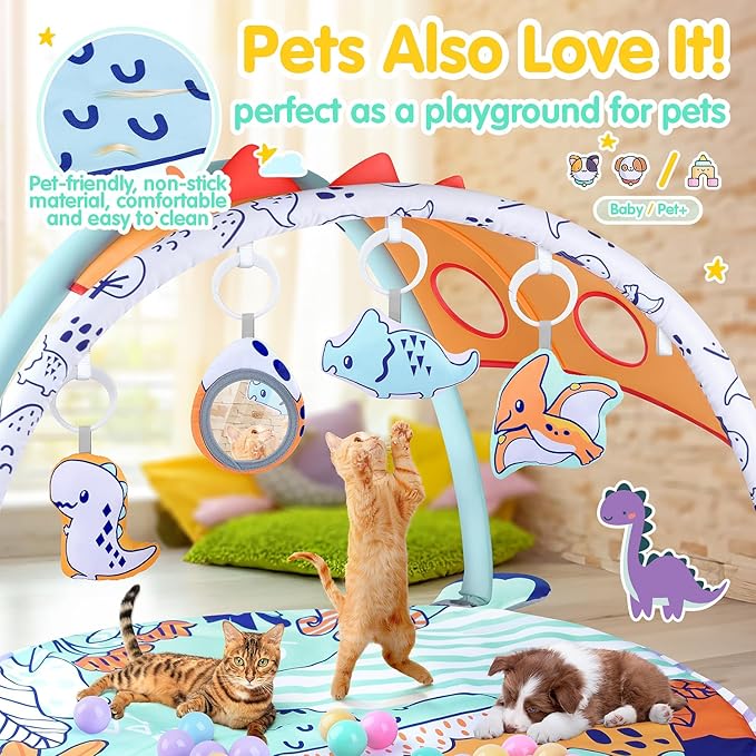 5-in-1 Baby Play Mat - Dinosaur Themed Activity Gym for Babies 0-6 Months with Ball Pit, Detachable Sensory Toys, Pillow, Machine Washable