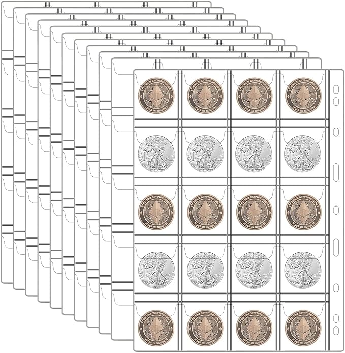 12 Sheets Coin Collection Pages, Coins Pocket Page with 240 Pockets, Coin Binder Inserts Sleeves with Standard 9 Hole for Coin Album. Storage Holder for Currency, Stamp and Other Supplies (20 Pockets)