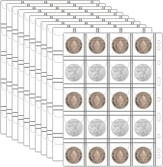12 Sheets Coin Collection Pages, Coins Pocket Page with 240 Pockets, Coin Binder Inserts Sleeves with Standard 9 Hole for Coin Album. Storage Holder for Currency, Stamp and Other Supplies (20 Pockets)