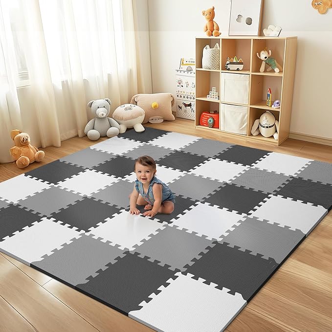 36Pcs Baby Play Mat for Floor, Foam Floor Tiles for Kids with Interlocking, Squares Foam Puzzle Carpet for Playroom,Crawling Rug for Babies 6-12 Months,Toddlers,11.8*11.8*0.6In Each,Grey White Black