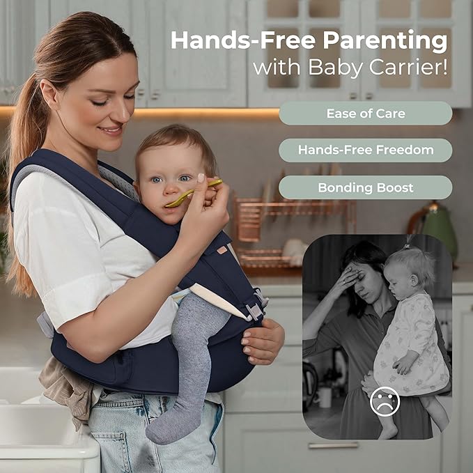 FRUITEAM 6-in-1 Baby Carrier with Waist Stool, Adjustable for Breastfeeding, One Size Fits All - Adapt to Newborn, Infant & Toddler (Navy)