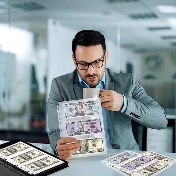 150-Sheets Double-Side 3-Pocket Currency Pages - 11 Holes for Currency Binder, 900 Pockets Paper Money Collection Pages for Dollar Bills, Banknotes and Coupons, Currency Sleeves Collecting Album Pages