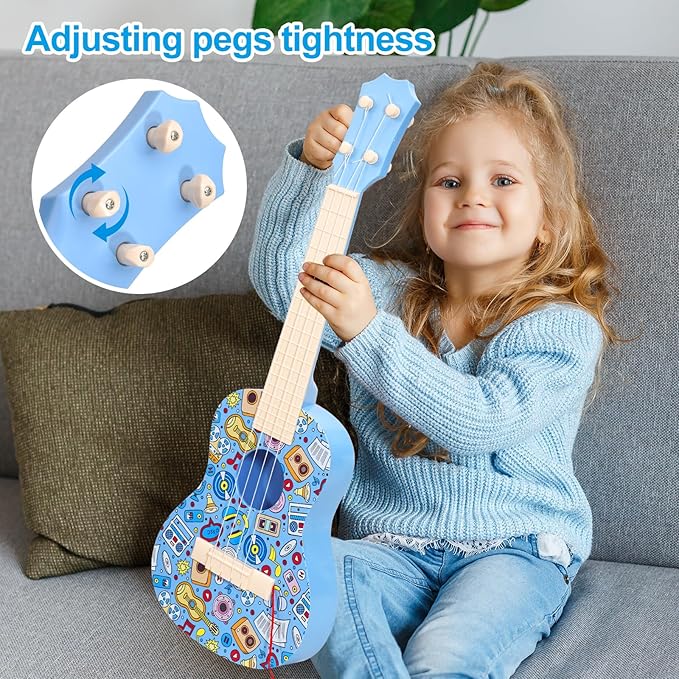 LeeQee 21in Colorful Graffiti Ukulele Guitar for Kids, 4 Strings Kids Guitar Ukulele Musical Instruments Learning Educational Toys with Picks for 3 4 5 6 7 8 9 10 11 12 Toddler Boys Girls (Blue)