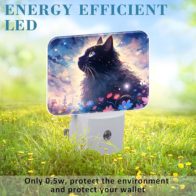 Cartoon Cute Black Cat Night Light for Kids Girls Boys, Cat in The Flowers LED Night Light Plug into Wall with Dusk to Dawn Sensor for Room, Hallway, Kitchen, Bathroom, Stairs Decor