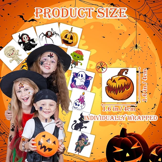 102 PCS Halloween Individually Wrapped Temporary Tattoo for kids - Pumpkin/Ghost/Candy Temporary for Girls Boy Body Arm Shoulder Tattoos Stickers,Halloween Decorations,Party Supplies