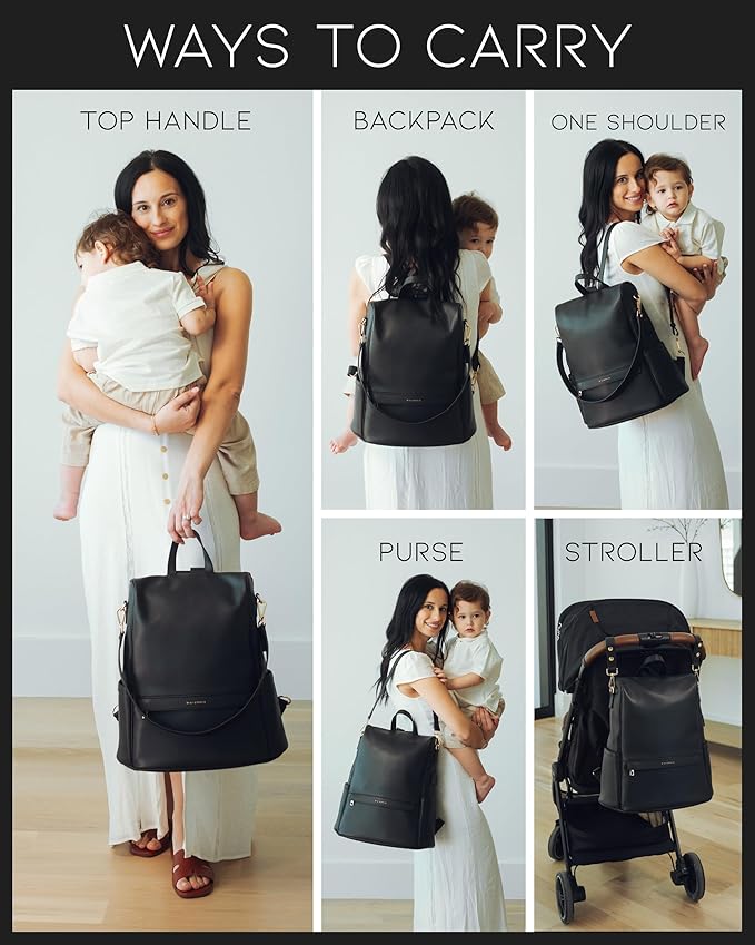 MIA + SOPHIA Leather Diaper Bag Backpack with USB Charging port, Changing Pad, Stroller Straps (Black Mia)