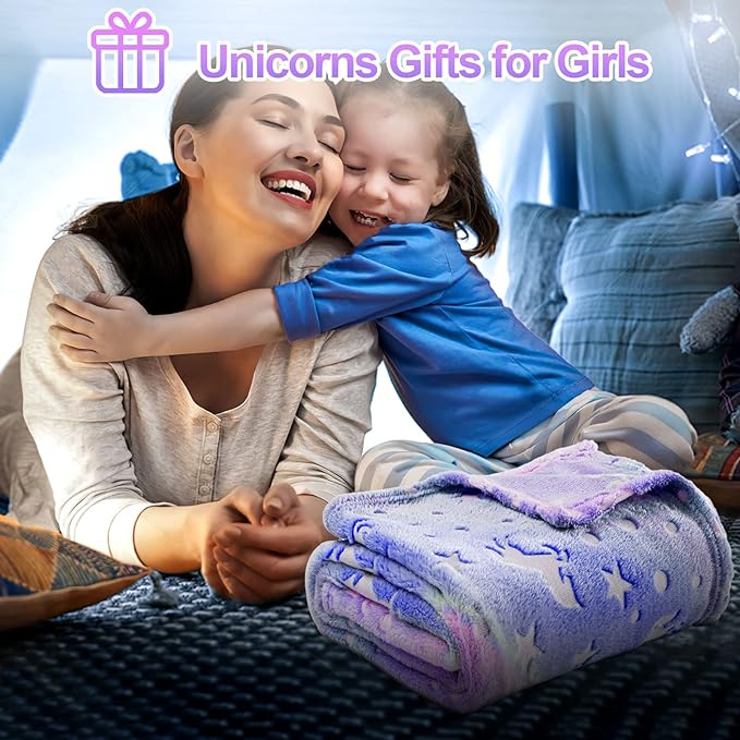 TEHALK Personalized Unicorn Blanket for Girls, Glow in The Dark, Fleece 60"x80"