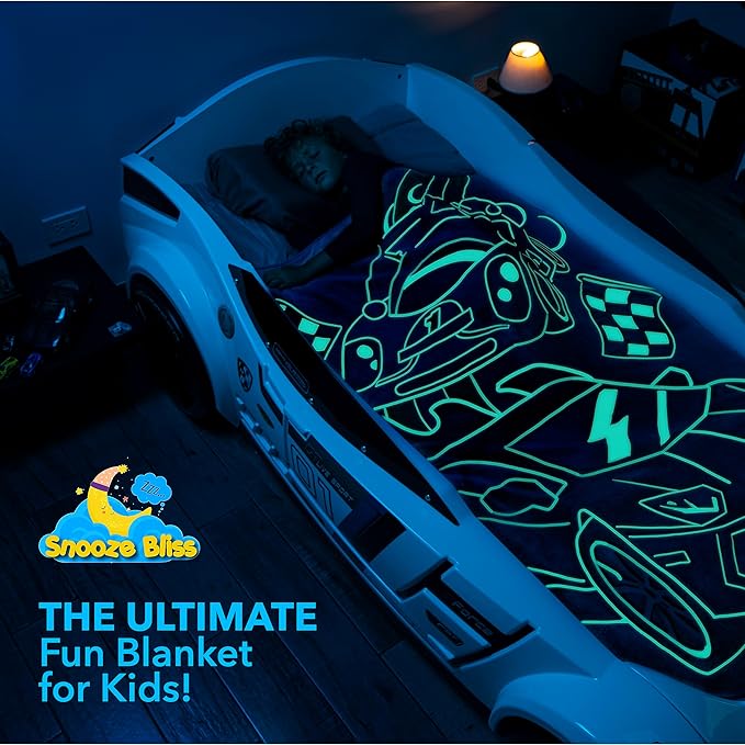 Glow in the Dark Race Car Throw Blanket – Fun Birthday Gift for Kids Who Love Toy Cars & RC Cars. Cool Hot Rod Design with Wheels Burning on the Race Track. Great for Race Car Bed or Boys Room Décor.