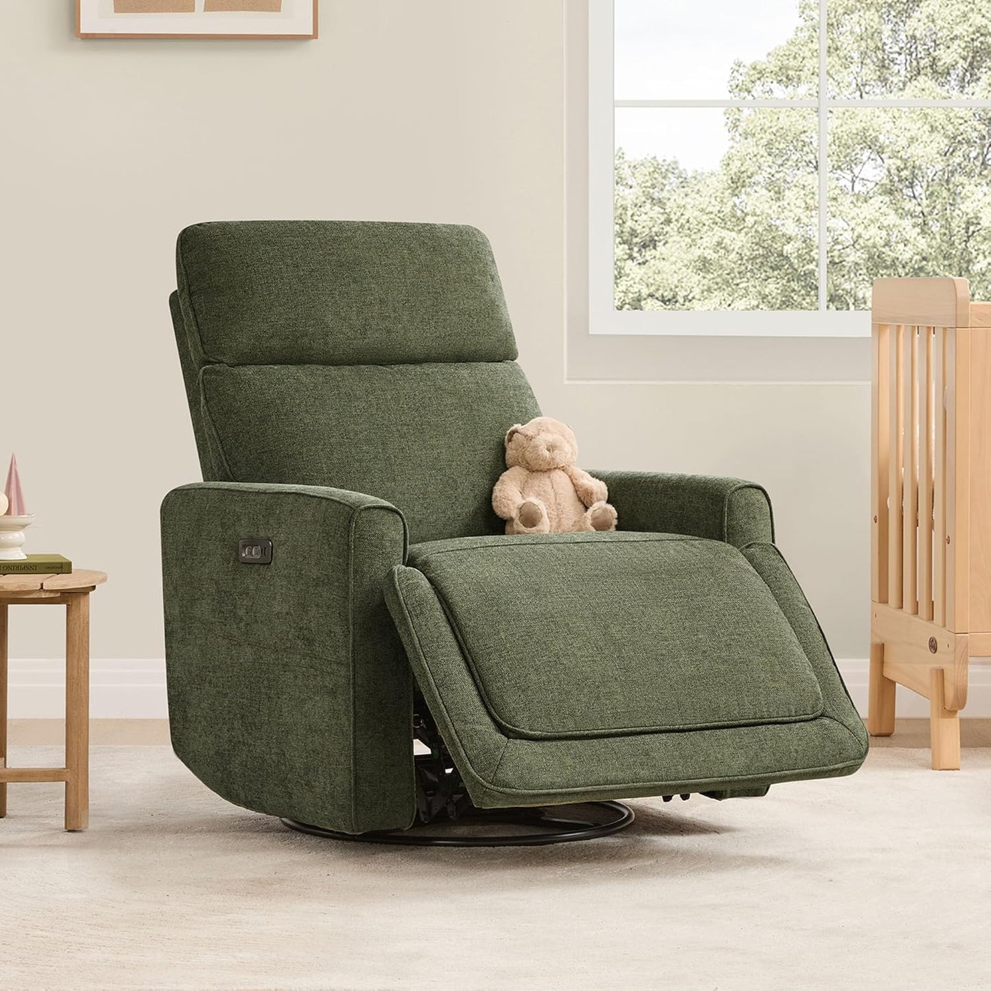 CHITA Electronic Power Recliner Chair Swivel Glider, FSC Certified Modern Nursery Rocking Chair with USB and Type-C Ports, Forest Green