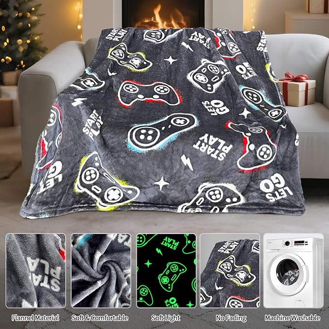 Gaming Blanket for Boys, Glow in The Dark Gamer Blankets for Teen Boys, Gaming Gifts for Men, Cool Gamer Gifts, Birthday 40"x 60"