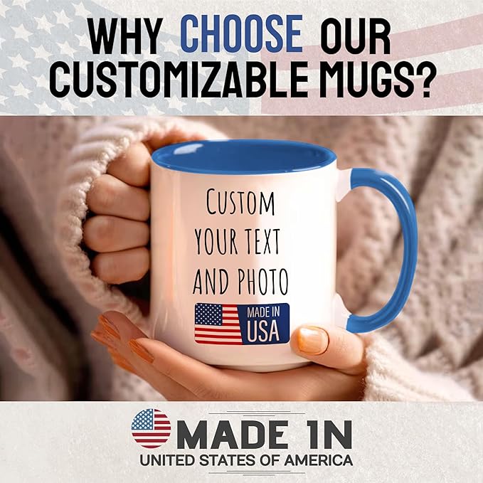 Custom Mug Upload Your Picture Personalized Coffee Mug with Photo Text Name Customized Cup Unique Ideas Gifts for Men Women Mom Dad Halloween Christmas Thanksgiving Friend Family (Blue, 11oz)
