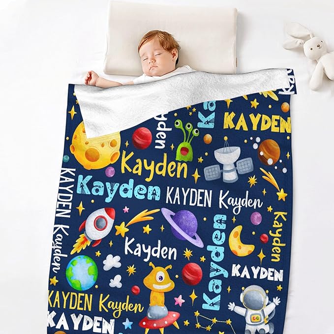 Personalized Baby Blanket for Girls Boys Kids Planet Astronaut Custom Baby Blanket with Name Throw Birthday Gift for Toddlers Infants Shower Newborns Nursery Stroller Crib Bed Decor