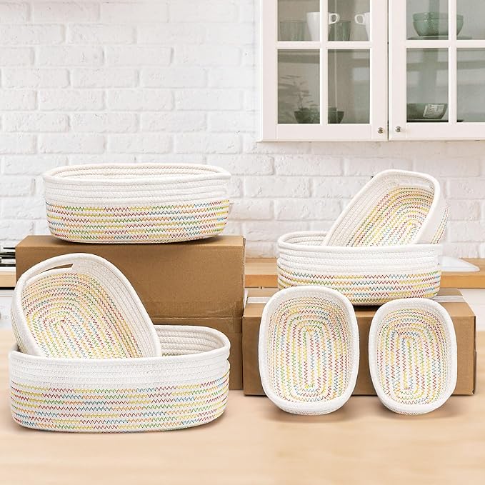 7 Piece Cotton Rope Woven Basket Set - Small Basket for Baby Nursery, Pets, Montessori, Dog & Cat Toy Boxes, Bathroom Organization Bins (White/Rainbow Stitching)