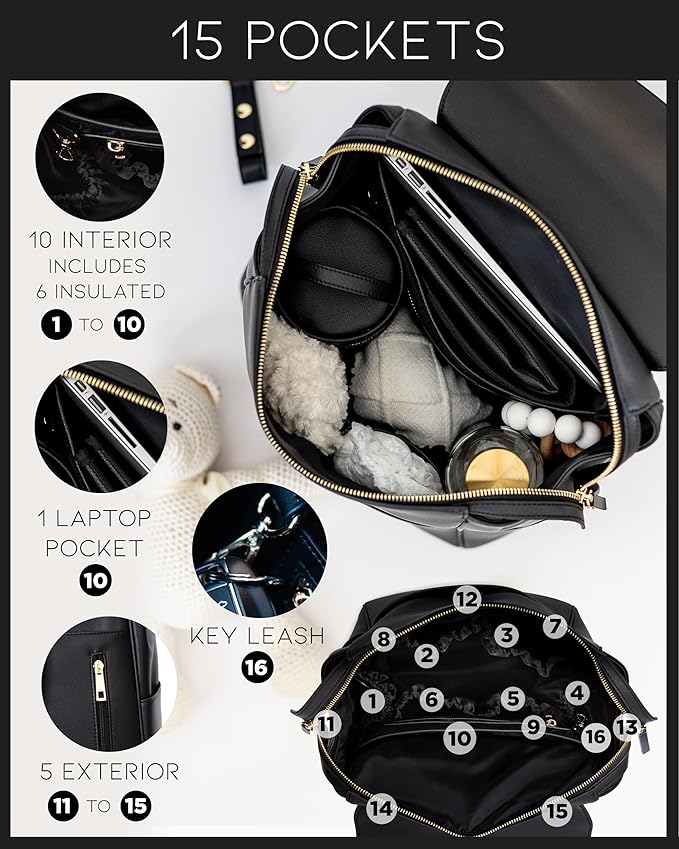 MIA + SOPHIA Leather Diaper Bag Backpack with USB Charging port, Changing Pad, Stroller Straps, and Bottle Holder (Black Olivia)