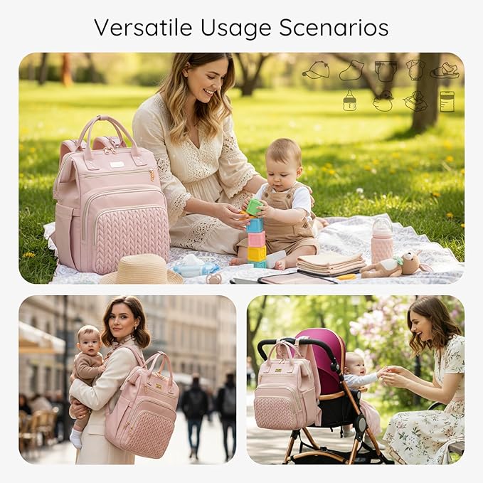 AIJIEKE Diaper Bag, Large Wide-Open Baby Diaper Backpack, Multi-functional Baby Travel Tote Bag, Diaper Bag with Changing Pad, Diaper Bags for Mom & Maternity (Pink)