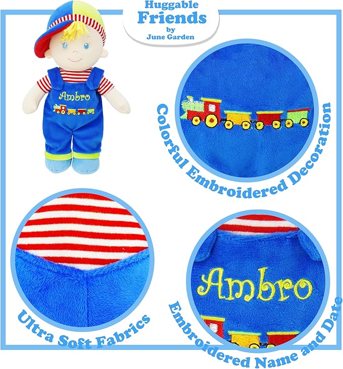 June Garden Personalized Soft Dolly Ben - Stuffed Soft Baby Boy Doll for Birth and Up with Custom Name - Blue Outfit - 13"