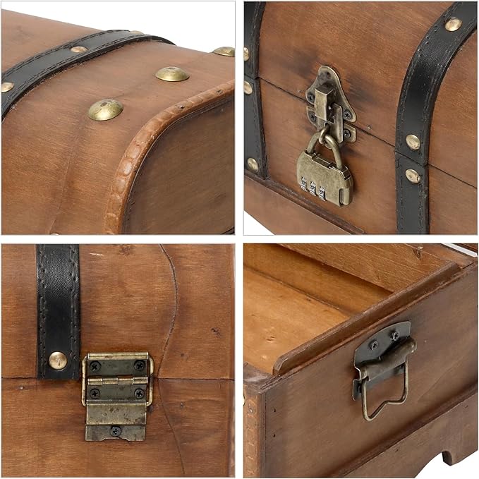 Vintage Wooden Treasure Chest Decorative Box with Lock - 12.2" x 7.1" x 7.1", Brown