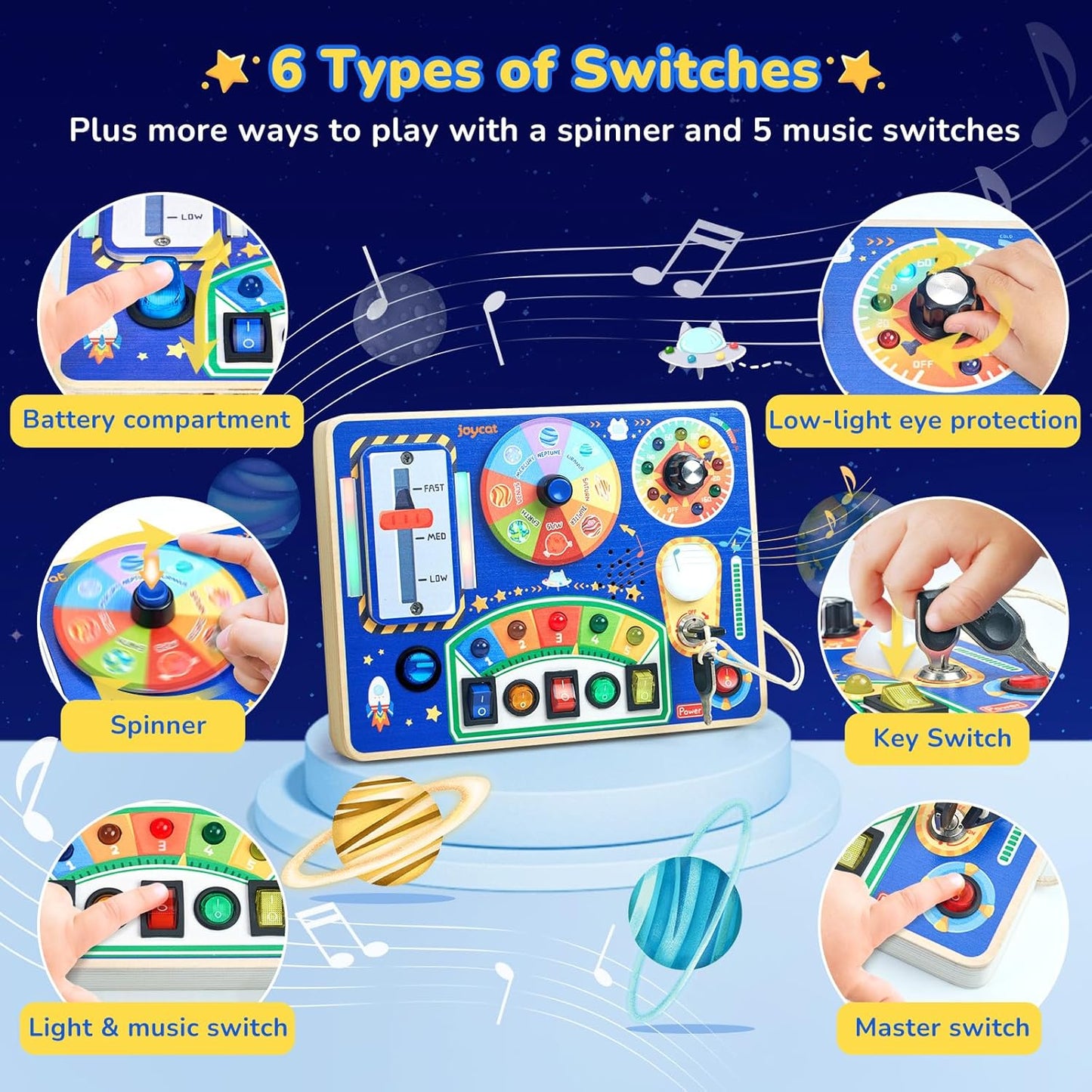 JoyCat Busy Board with Led Light, Toddler Toys for 1 2 3 4 Year Old Boys and Girls, Wooden Sensory Toys with Music, Travel Toy for Toddlers 1-3, Birthday Presents (Blue)