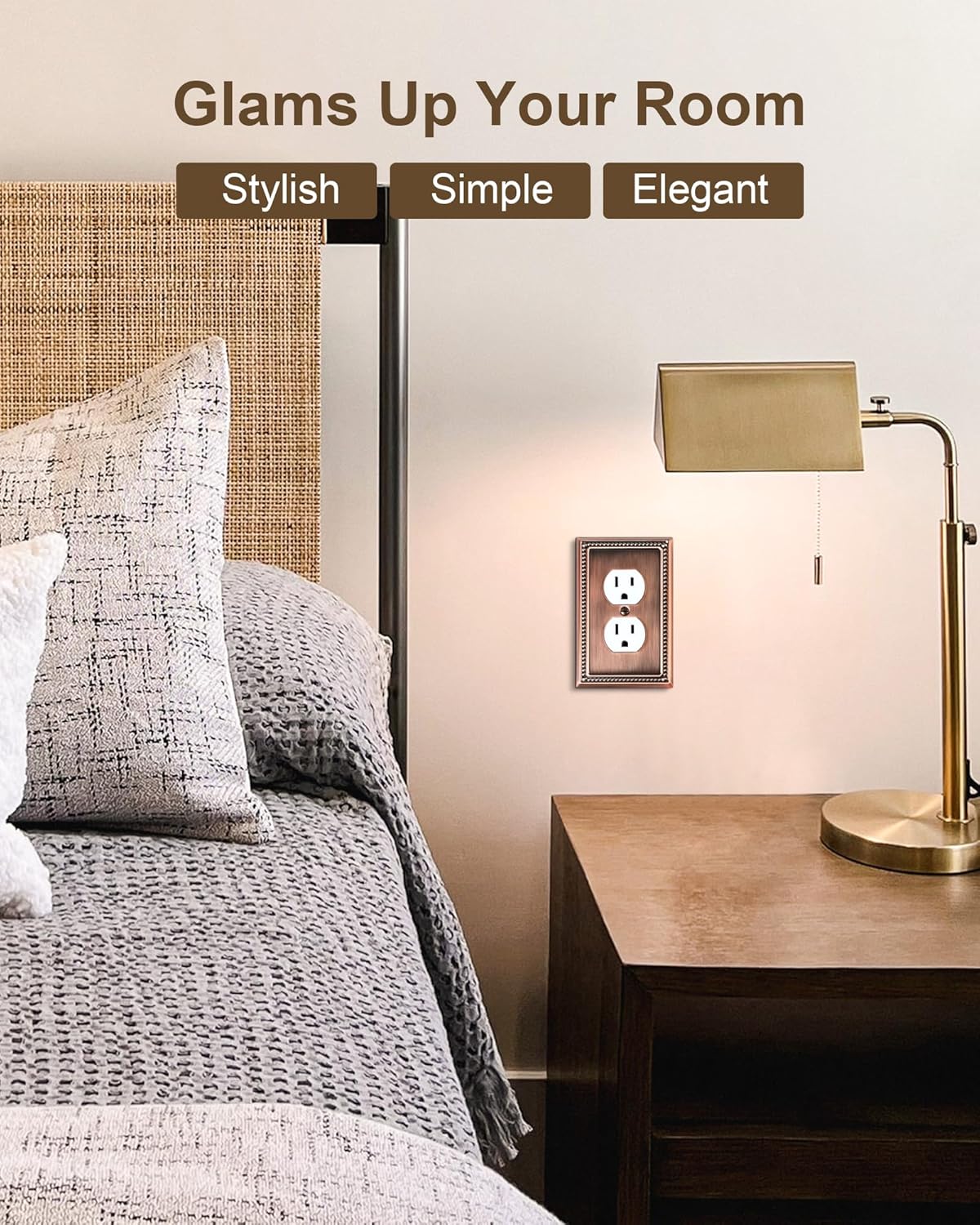 2-Pack Duplex Outlet Cover Plate, Antique Copper Metal Wall Plates for Electrical Outlets, 1 Gang Receptacle Cover, Pearls Decorative Switch Plates and Outlet Covers