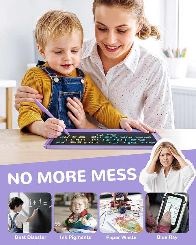 KOKODI LCD Writing Tablet, 12 Inch Colorful Toddler Doodle Board Drawing Tablet, Erasable Reusable Electronic Drawing Pads, Educational and Learning Toy for 3-6 Years Old Boy and Girls(Purple)