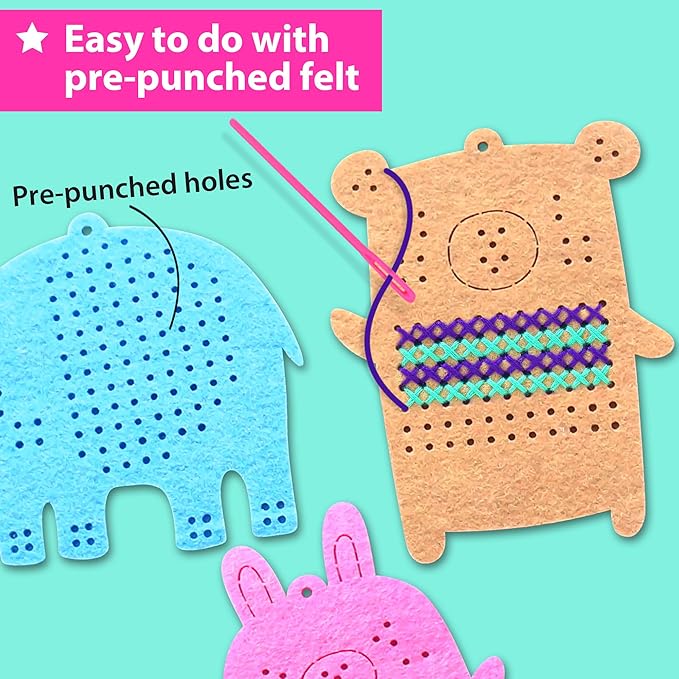 KRAFUN Cross Stitch Kits for Kids Beginners, 4 Cross Stitching Keyrings Arts & Crafts with Animals, Unicorn, Needlepoint Embroidery Kit for Girls 5-13 Craft Kit Backpack Charms, Ornaments