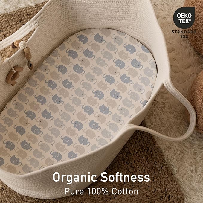 Gllquen Baby Bassinet Sheets 2 Pack, 100% Organic Cotton Bassinet Fitted Sheets for Girls Boys, Soft & Breathable Unisex Baby Mattress Sheet for Standard Bassinets 33"x17"(Blue)