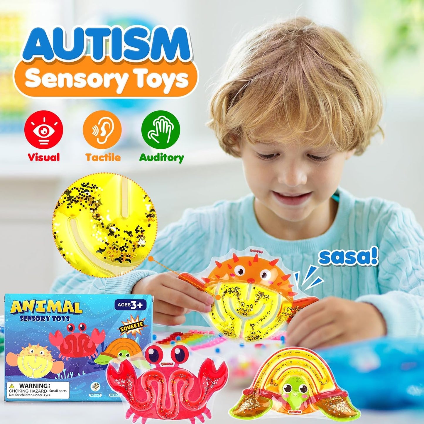 Autism Sensory Toys for Kids: 3 Pack Fidget Toy Sensory Tube Filled with Colorful Goo, Glitter - Animal Sensory Toys for Kids with Autism - Goodie Bag Stuffers, Fidgets for Classroom, kids Prizes