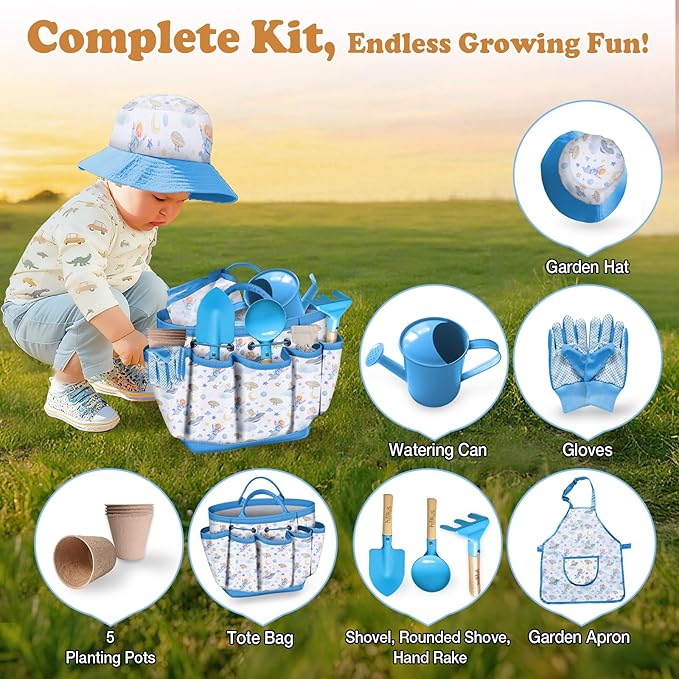 Kids Gardening Tool Set 18PCS Kids Toddler Gardening Set Includes Tote Bag Watering Can Apron Hat Rake Shovel Spoon Gloves Plant Pots and Labels, Outdoor Toys Gift for Boys Girls (Blue)