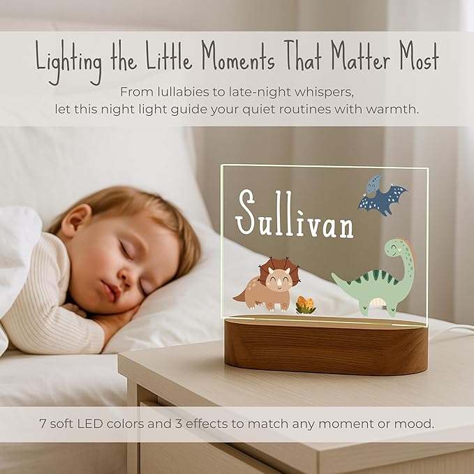Personalized Dinosaur Baby Night Light for Kids | Custom Name Dino Nursery Decor | Cute 7-Color Plug-in LED Rectangular Nightlight | Custom Baby Shower Gifts for Newborns, Toddlers, Girls, Boys 2-10