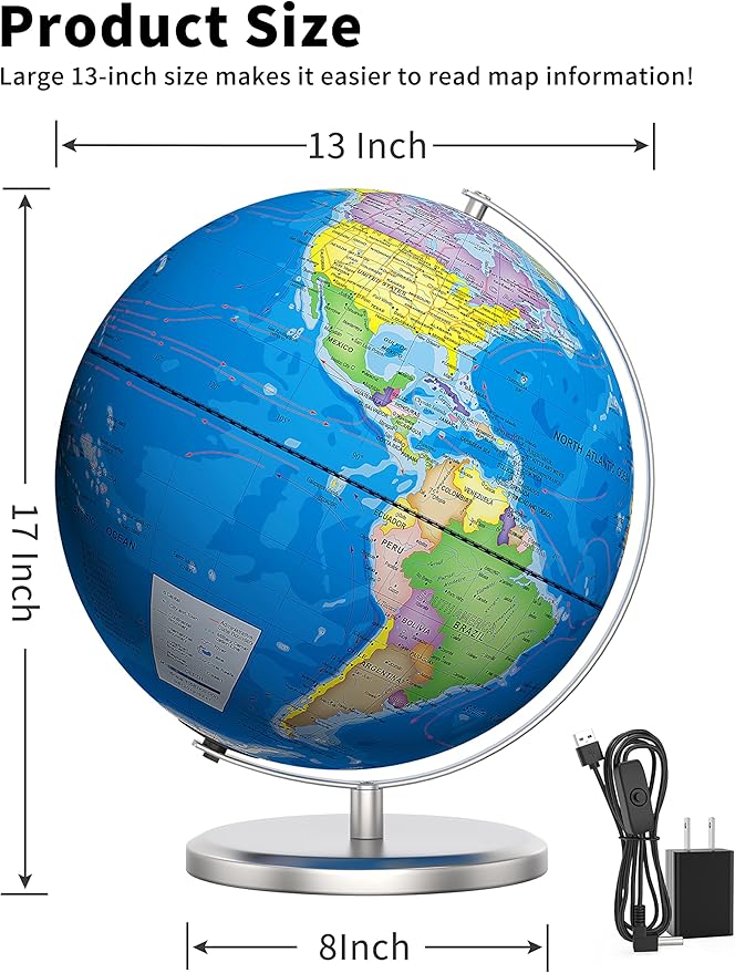 13" World Globe with Stand, Illuminated Educational Globes with HD Printed Map for Kids Classroom Learning, LED Globe Lamp with Stable Heavy Metal Base