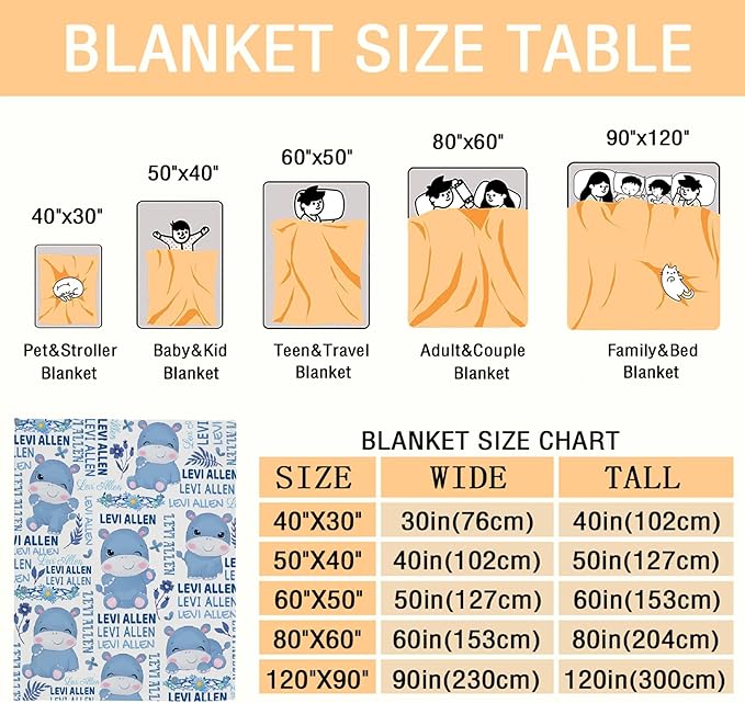 Personalized Baby Blanket for Girls Boys Kids Hippo Custom Baby Blanket with Name Throw Birthday Gift for Toddlers Infants Shower Newborns Nursery Stroller Crib Bed Decor