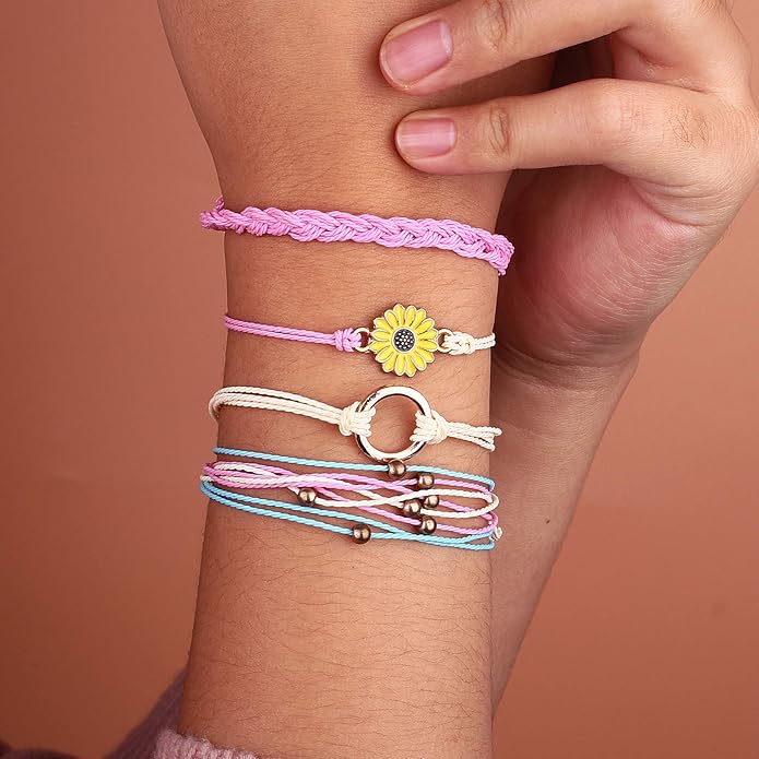 FANCY SHINY Sunflower String Bracelet Boho Braided Rope Wrap Bracelets Cute Summer Beach Surfer Jewelry for Women Christmas Gifts