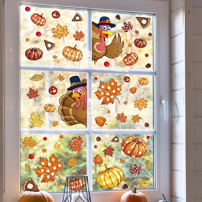Whaline 9 Sheet Thanksgiving Fall Window Clings Turkey Pumpkin Maple Leaf Reusable Window Decals for for Autumn Harvest Seasonal Holiday School Office Supplies Glass Home Decor