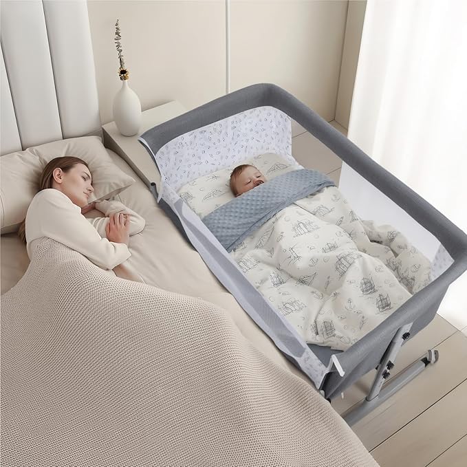 3-in-1 Baby Bassinet Bedside Sleeper for Newborns & Infants - 6-Level Height Adjustable, Portable Convertible Bassinet/Cradle with Mosquito Net, Storage Basket & Wheels,Easy Assemble (Grey)