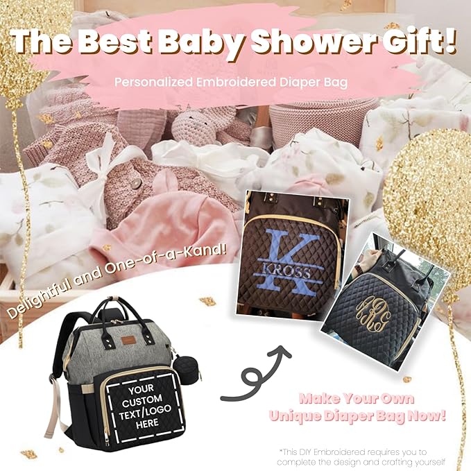 Diaper Bag Backpack with Changing Pad, Pacifier Case, Baby Bag for Boy Girl Toddler - Large, Stylish, Waterproof Travel Quilted Diaper Bag for Mom - Baby Shower - Black Grey