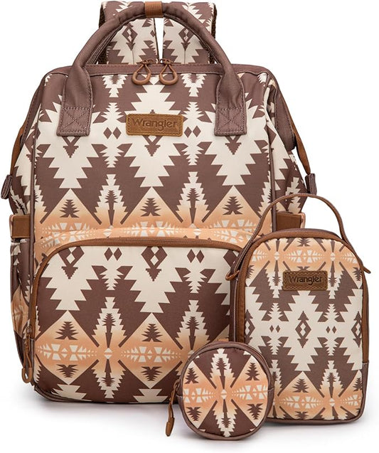 Montana West Wrangler Callie Diaper Bag Backpack with Pacifier Case, Crossbody Bottle Bag and Stroller Straps Western Pattern Multifunction Baby Travel Bag Set WG2215-9110BR