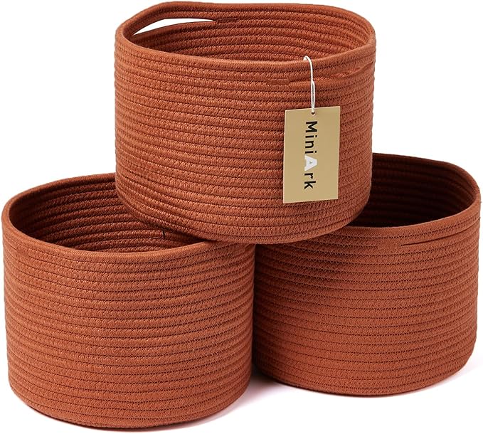 Small Basket for Organizing | Cube Shelf Closet Storage Baskets | 9.7×9.7×7.1” | Woven Rope Gift Basket | Nursery | Round 3 Packs Oxide Red