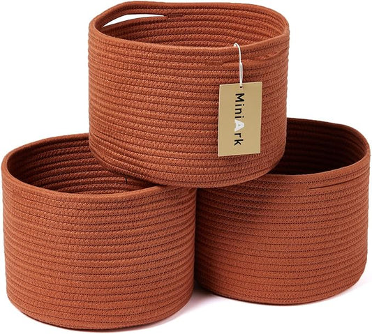 Small Basket for Organizing | Cube Shelf Closet Storage Baskets | 9.7×9.7×7.1” | Woven Rope Gift Basket | Nursery | Round 3 Packs Oxide Red