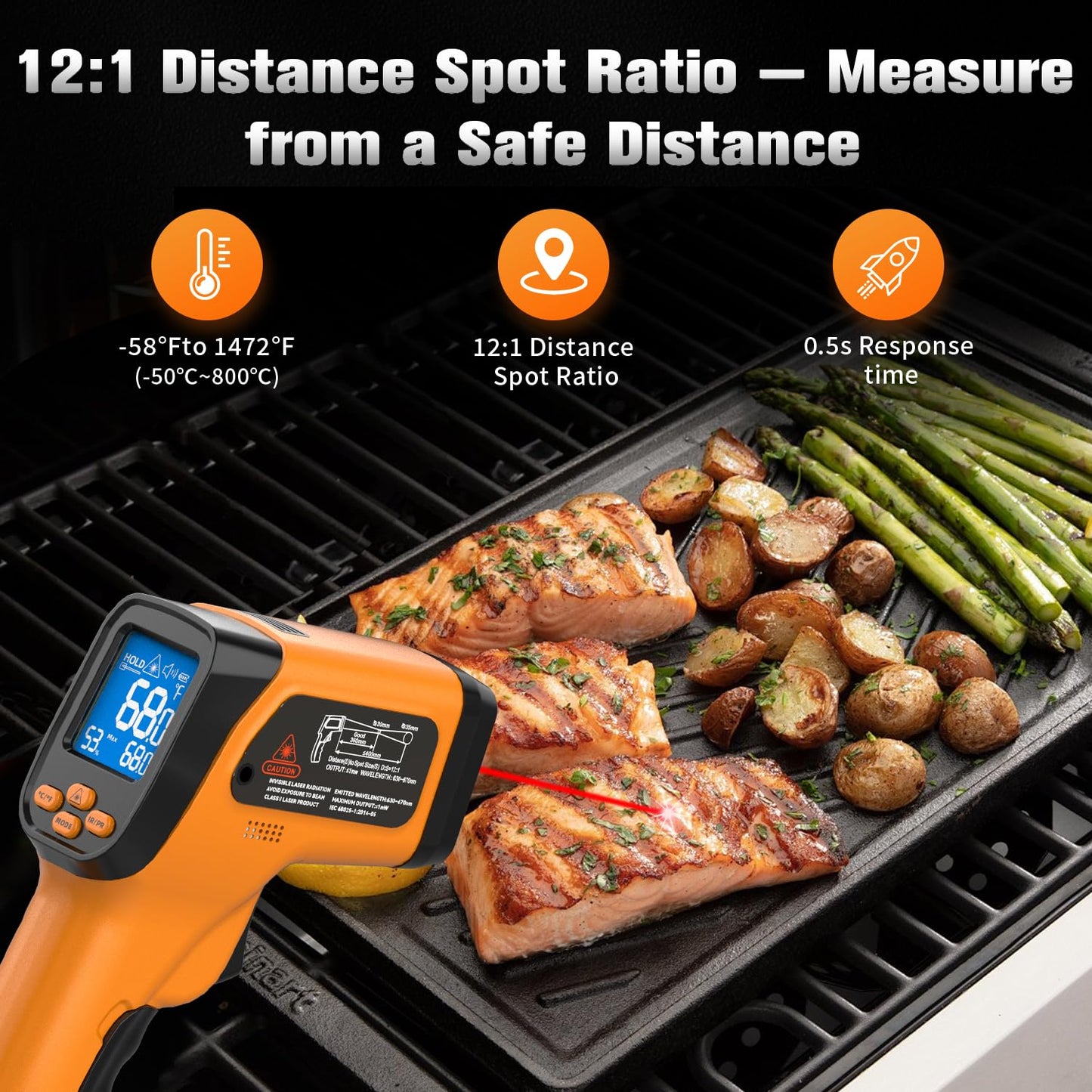 Dual-Mode Infrared Thermometer Gun，-58°F to 1472°F Laser Temp Gun, -58°F to 572°F K‑Type Probe with Humidity Display, 12:1 D:S