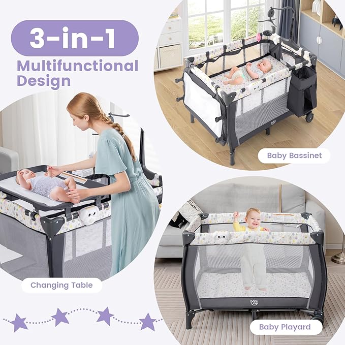 Costzon 3 in 1 Pack and Play with Bassinet, Portable Baby Playard with Changing Table, Music Box, Whirling Toys, Wheels/Brake, Basket, Bag, Foldable Infant Bassinet for Baby Toddlers Indoor Outdoor
