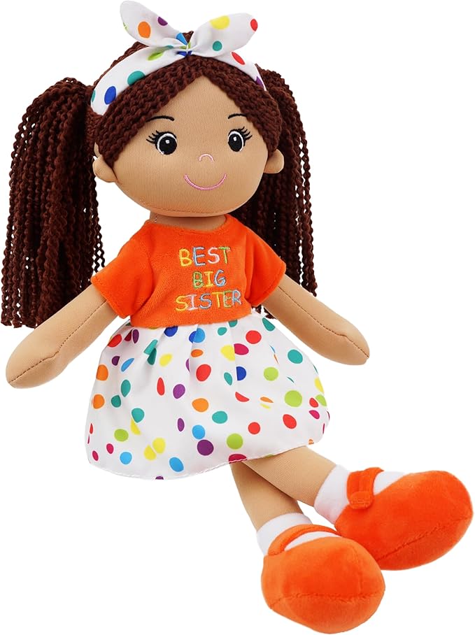 June Garden 14" Snuggle Cutie Lila – Best Big Sister Soft Plush Doll – Stuffed Girl Doll with Polka Dot Dress and Bow for Toddlers & Big Sister Announcements - Orange M
