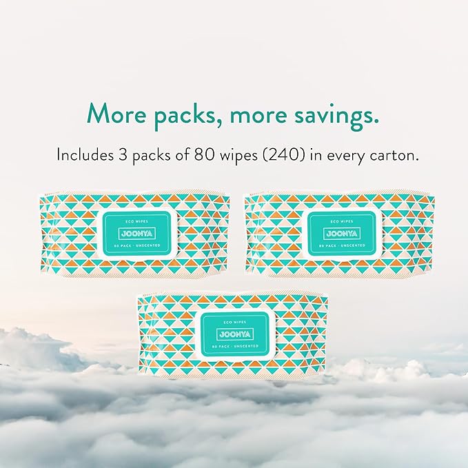 JOONYA Unscented Baby Wipes — Plant-Based, Fragrance-Free Diaper Wipes | Hypoallergenic, Non-Toxic, Compostable & Biodegradable Wet Wipes for Sensitive Newborn Skin | 3 Packs of 80 Wipes (240 Total)