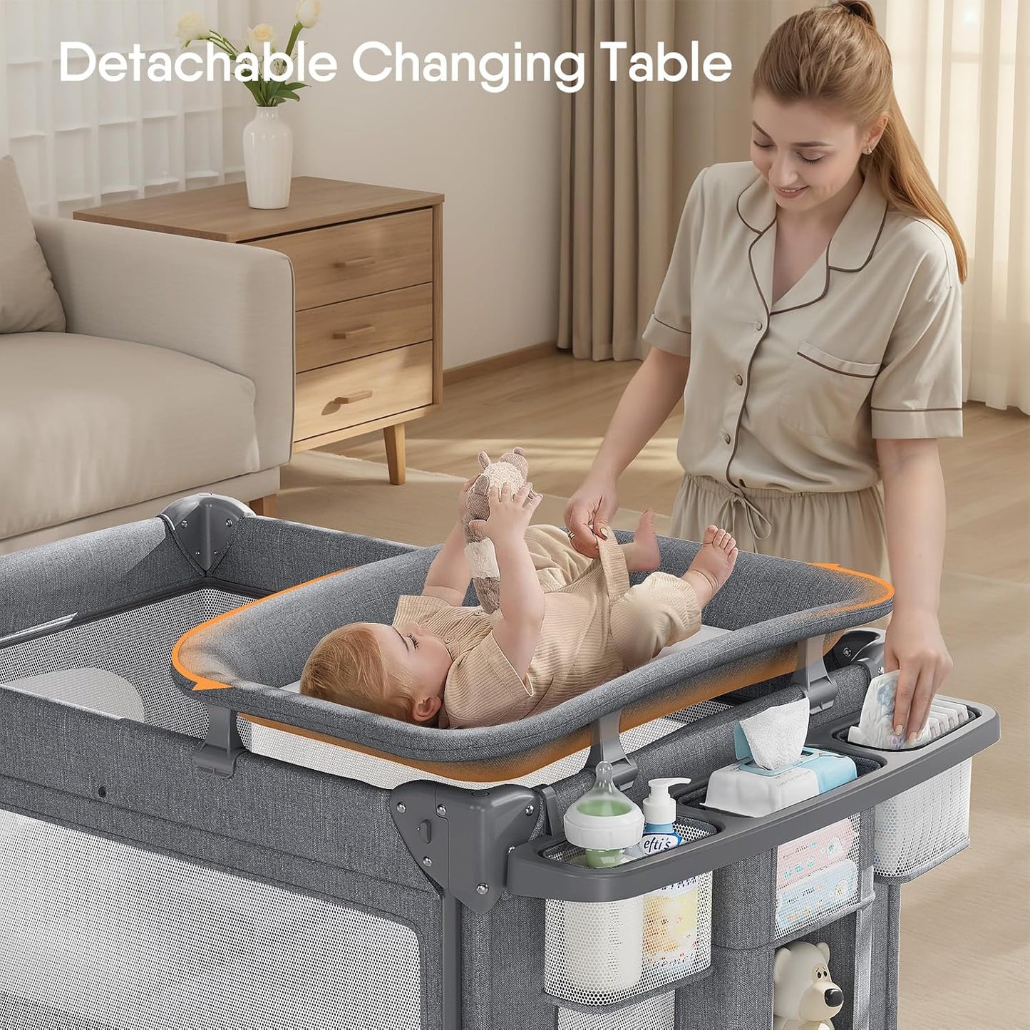 4 in 1 Baby Bassinet, Pack and Play, Bedside Crib Sleeper, Diaper Changer, Quickly Assembled and Folded Portable Crib with Mattress and Mosquito Net, Easy to Carry