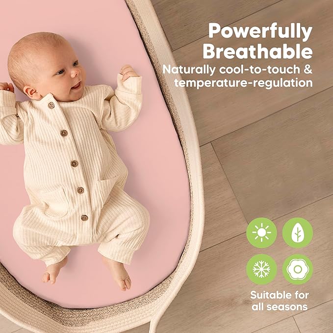 2-Pack Baby Bassinet Sheets Girl, Boy - 33x17 Viscose Derived from Bamboo Bedside Mattress Fitted Bassinet Sheets, Compatible with Halo Bassinest Swivel Sleeper, Baby Delight, Graco (Rose)
