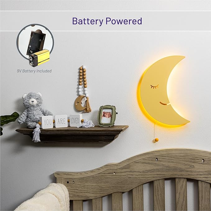 Lumipets Moon Wall Light - Nursery Decor, Baby Room Decoration, Wall Mounted, Battery Operated, Lightweight Hanging Crescent Night Light for Babies, Toddlers, Kids - 17.7 x 11.2 x 1.5-in